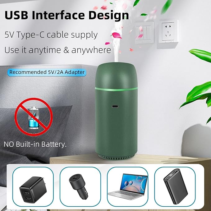 Car Diffuser for Essential Oils Portable Mini Ultrasonic Mist Humidifier 100ml USB Aromatherapy Diffuser Freshener with Colorful Lights for Small Space Home Office Bedroom (Green)