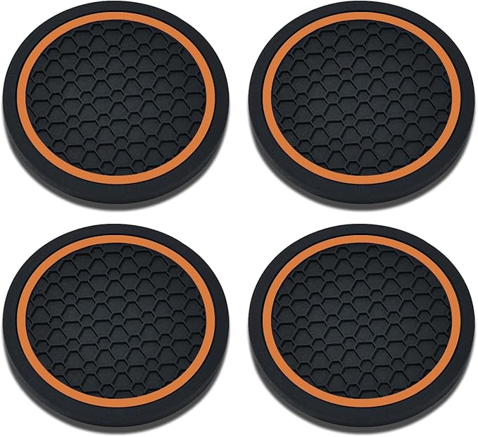 4PCS Car Cup Holder Coasters, 2.75 Inch Non-Slip Insert Cup Holder Pad, Dustproof Automotive Interior Accessories Mat, Universal for Trucks, Vehicles, RVs and More (Black/Orange)
