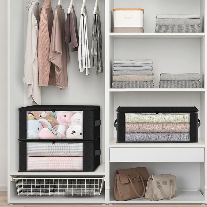 HomeHacks Storage 10-Pack Clothes Organizer Storage Bags Foldable Storage Box with Large Clear Window Sturdy Handles for Closet, Dorm, Pillows, Bedding, Clothes, Blankets, 35L, Black