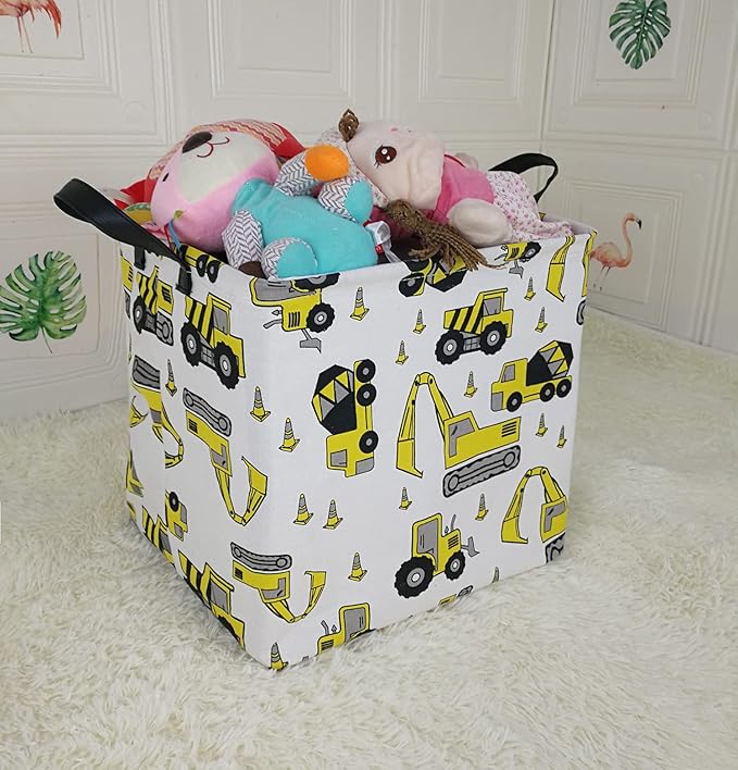 KUNRO Square Storage Basket Gift Shelf Basket Storage Bin, Nursery Basket Organizer Box for With Handles for Room Deco (Excavator)