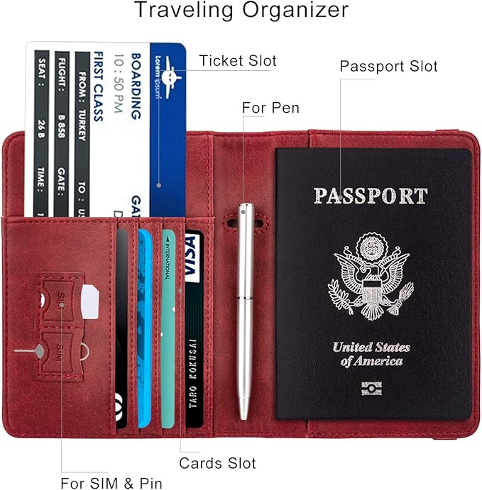 WALNEW Passport Holder for Travel, RFID Passport Cover Wallet for Women Men, PU Leather Passport Book Card Holder Case with Pen, Travelling Essentials for Flying