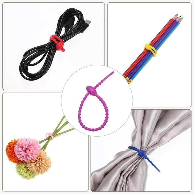 PATIKIL 8 Inch Silicone Cable Ties, 20pcs Rubber Reusable Twist Zip Ties Organizer for Home Office Kitchen Food bags Wires Adjustable Bag Clip, Violet
