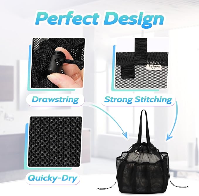 Mesh Shower Caddy Portable with Drawstring, Dorm Room Essentials for College Students Boys & Girls, Larger Shower Bag for Camping, Swimming, Gym, Travel, Bathroom - Black