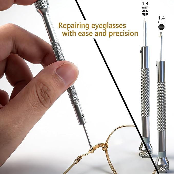 Gold Eyeglass Repair Kit with 18 Sizes Gold-Plated Screws, 1.4mm Precision Screwdrivers, Tweezers, Nose Pads & Cloth - Compact Eye Glass Repairing Kit for All Eyewear Types