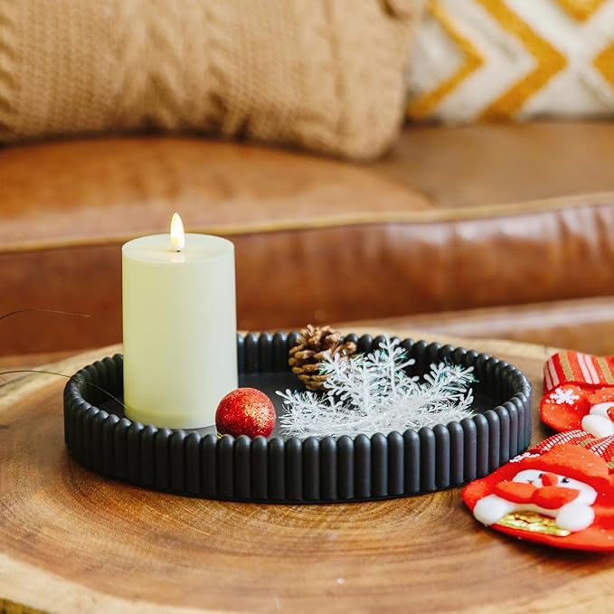 11.8in Decorative Tray for Coffee Table Decor- Black Oval Concrete Tray for Home Decor- Scalloped Flat Modern Centerpieces Tray Decor for Living Room, Kitchen Dining Table, Entryway (Black)