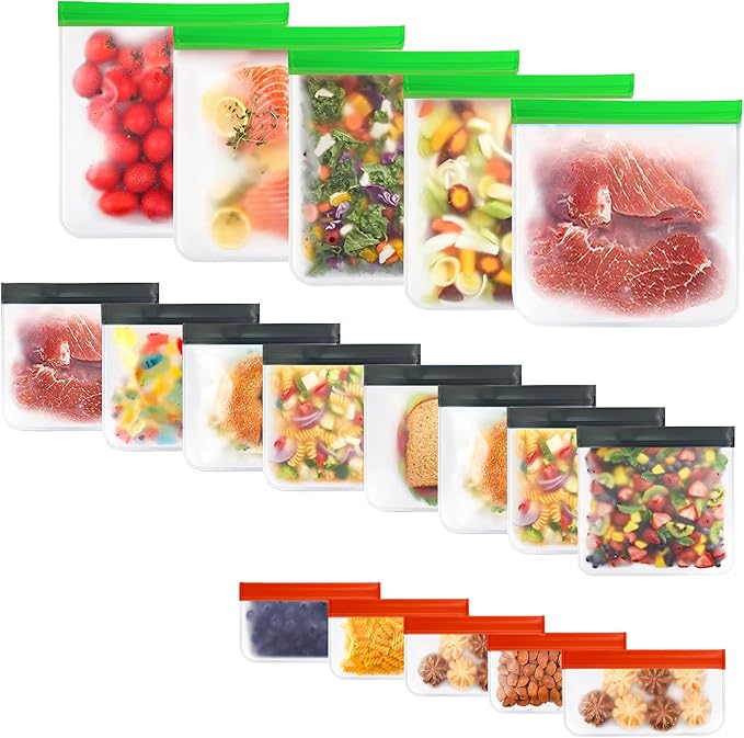 18-Pack Reusable Silicone Ziplock Food Storage Bags – BPA-Free, Leakproof Set with 5 Snack, 8 Sandwich & 5 Gallon Sizes – Extra Thick, Freezer Safe & Eco-Friendly for Kitchen, Meal Prep & Travel