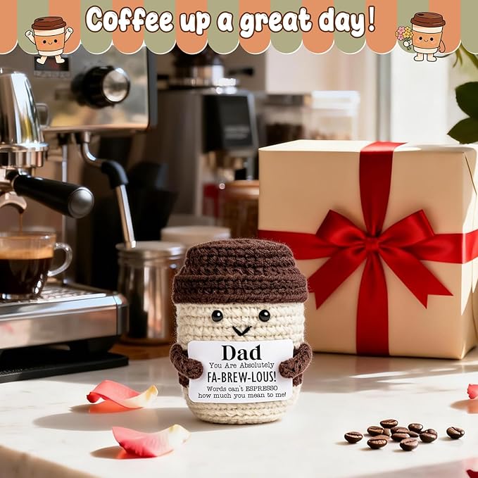 Agantree art Fathers Day Birthday Gifts for Coffee Lover Dad from Son Daughter Wife Birthday Father’s Day Handmade Crochet Coffee Mug for Best Daddy Papa Step-Dads Husband Espresso I Love You Present
