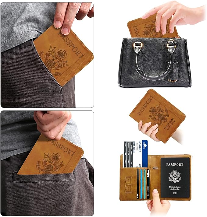 WALNEW Passport Holder for Travel, RFID Passport Cover Wallet for Women Men, PU Leather Passport Book Card Holder Case with Pen, Travelling Essentials for Flying