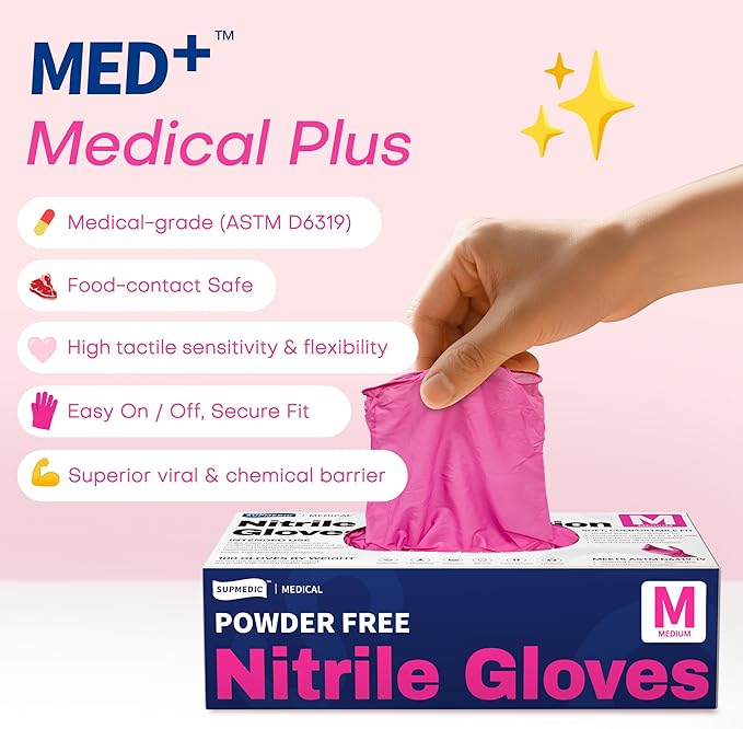 Supmedic Nitrile Exam Gloves, 4 Mil 100 Pcs Powder-Free Latex-Free Cooking Food-Safe Disposable Medical Gloves, Rose Orchid
