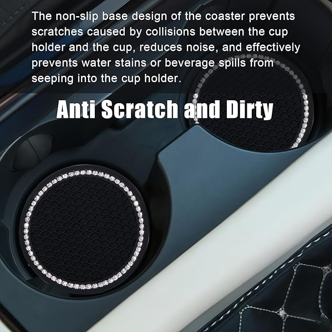 Bling Car Cup Holder Coaster, Anti-Slip Rhinestone Cup Holder Insert (4 Pack) with Push Start Button Cover Button Ring (2 Pack), Shiny Diamond Car Interior Accessories for Women (Black)