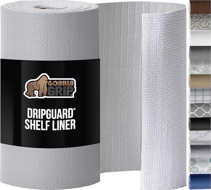 GORILLA GRIP DripGuard Shelf Liner, Non-Adhesive Drawer and Kitchen Cabinet Protector, 24x240 In, Strong Grip Slip Resistant Underside, Smooth Surface Liners for Cabinets, Bathroom Closets, Light Gray