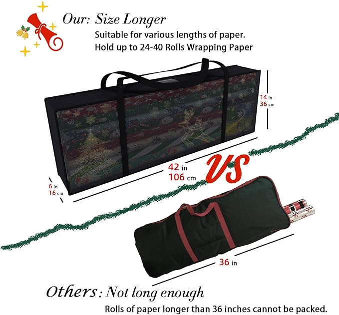 Safana 2 Pack Wrapping Paper Organizer Storage Bag, 42" Durable 600d Oxford Christmas Gift Wrapping Organizer Box Under Bed Containers for Decorations Paper Rolls, Ribbons, Bows (Golden Deer)