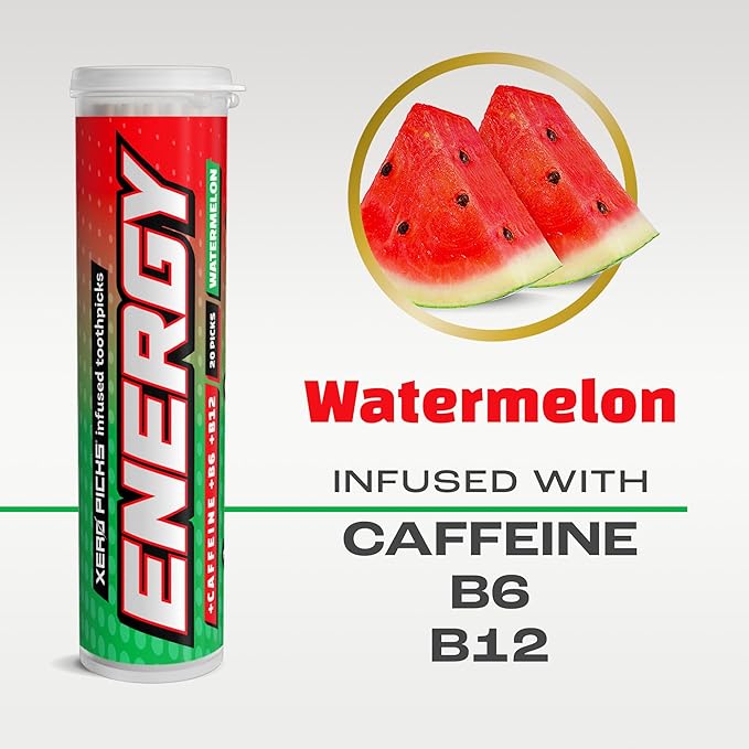 Xero Picks Energy Caffeine Flavored Toothpicks B12 for Focus & B6, 60 Picks (Pack of 3) (Watermelon) Sugar-Free Alternative to Energy Mints & Gum - Kosher