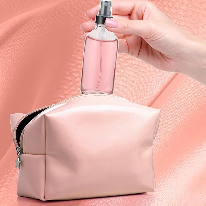 Fumete 2 Pack Glass Bottles 4oz Empty Refillable Liquid Containers with 1 Label 1 Funnel for Essential Oils Hair Travel Plants Cleaning Skin Care(Clear, Black Top,Mist Bottle)