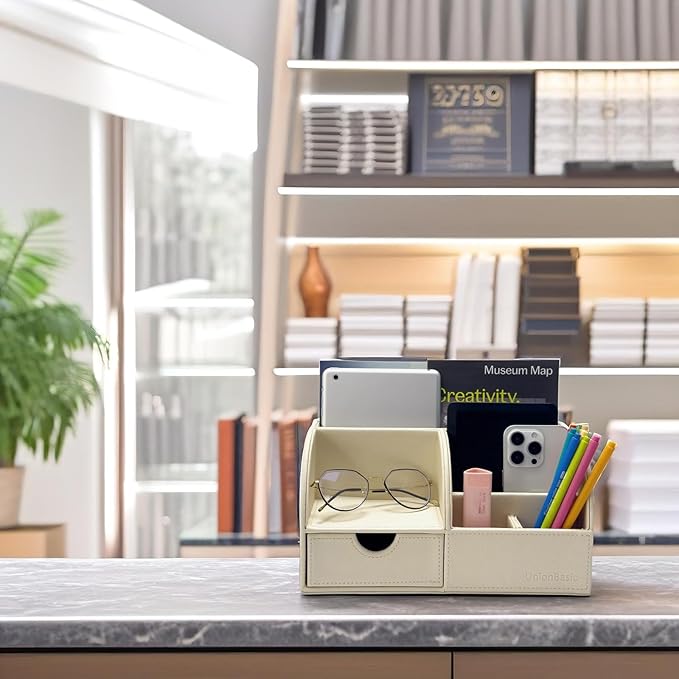 UnionBasic Desk Organizer - Multifunctional Leather Desktop Pen Holder Storage Box - Business Card/Pen/Pencil/Mobile Phone/Stationery Holder, Beige Revised