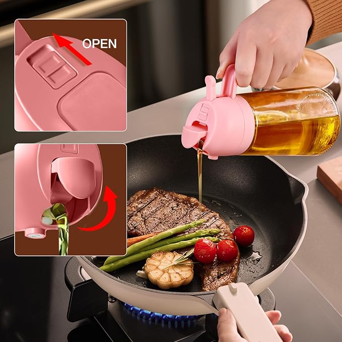 YARRAMATE 2Pcs 16oz/470ml Glass Olive Oil Sprayer for Cooking with Stickers, 2 in 1 Oil Dispenser for Kitchen Gadgets, Food Grade Premium Spray Bottle with Portion Control for Salad, BBQ (Pink&Black)