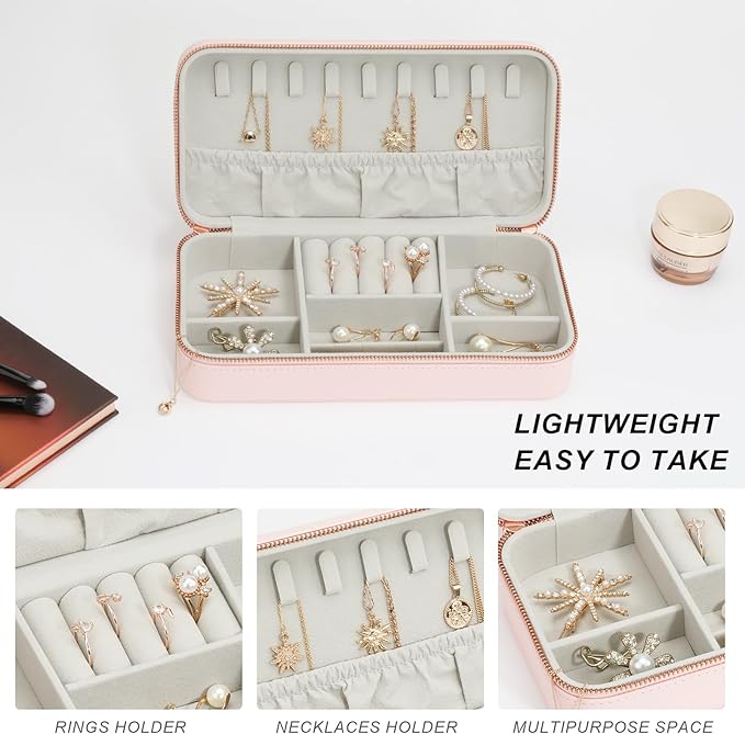 Travel Jewelry Case Small Jewelry Organizer, Portable Jewelry Case Small Travel Jewelry Box for Women, Christmas Gift for Women Girls, Pink C