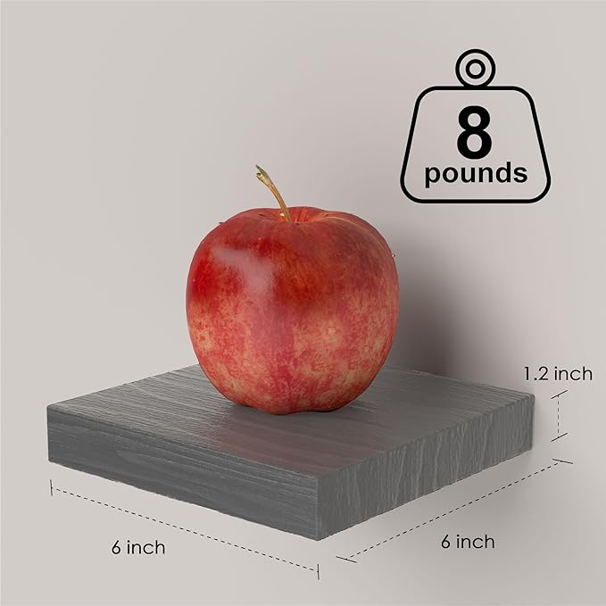 Small Floating Shelves for Wall - 6 Inch Mini Square Grey Shelves for Bedroom, Living Room, Bathroom, Kitchen, Office Decor Set of 3