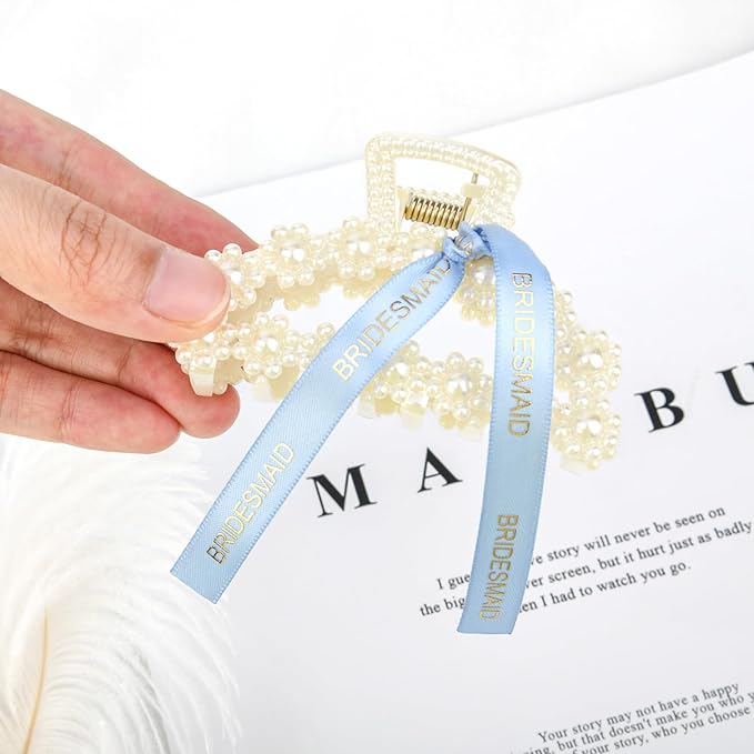 DEEKA Bridesmaid Proposal Gifts 8 Pack Pearl Bridesmaid Hair Claw Clips with Ribbon 3 Inch Hair Clips Bachelorette Party Favors Bridal Party Present Hair Accessories (Half Circle White&Blue)
