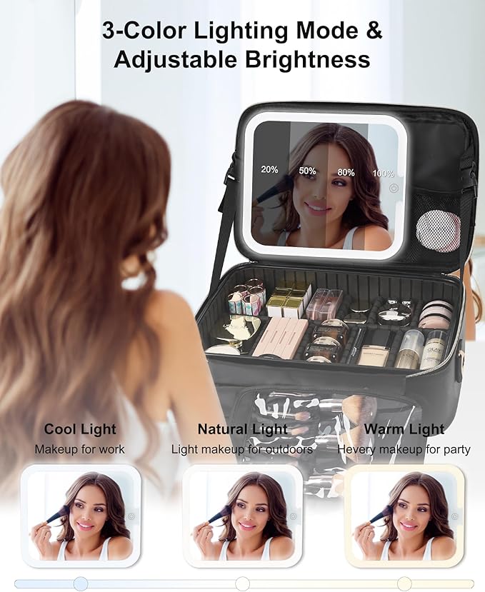 Relavel Makeup Train Case With LED Mirror, Professional Travel Cosmetic Bag with Removable Partitions, Compact Makeup Organizer, Waterproof Toiletry Case for Women, Black