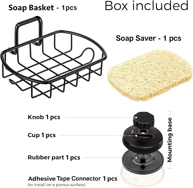 Suction Soap Dish with Hooks - Super Powerful Vacuum Suction Cup Shower Soap Holder - Rustproof Stainless Steel SS304 Soap Basket - Sponge Holder for Bathroom & Kitchen (Black)