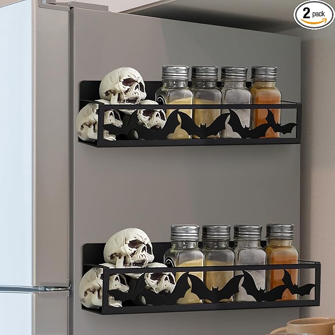 2 Pack Bat Magnetic Spice Rack for Refrigerator Metal Magnet Basket Shelf for Fridge Seasoning Storage Organizers Home Decor Kitchen Accessories (Black)