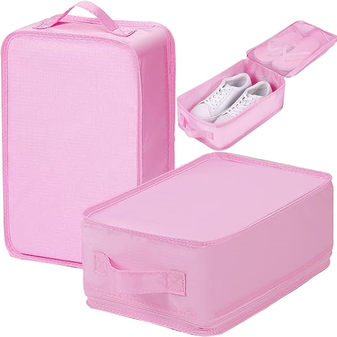 tianzong 2 Pack Plaid Travel Shoe Bag with Carry Handle & Mesh Pocket - Shoe Organizer for Sneakers, Heels, Sandals, Gym, Laundry (Pink)