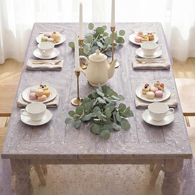 Horaldaily Grayish Purple Gold Tablecloth 60x60 Inch Square, Golden Sequin Glitter Metallic Foil, Sheer Tulle Cheesecloth for Wedding Baby Shower Ceremony Birthday