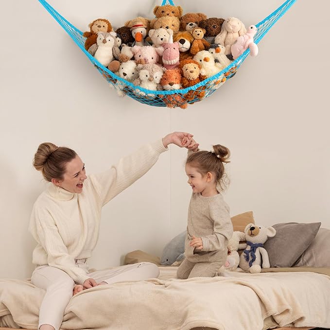 Stuffed Animal Storage Hammock Net Corner - Large Toy Hammock Net for Stuffed Animals Room Decor - Cute Stuff Animal Organizer Holder for Plush Plushie - Kids Baby Nursery Wall Bedroom Home Decor