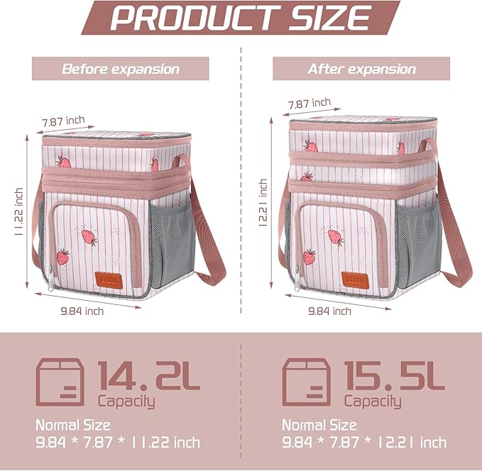 Insulated Lunch Bag for Women Men, Reusable 3-Layer Lunch Box for Women, Expandable Reusable Water-Resistant Lunch Box for Work, Travel, Office, Picnic, Hiking (Pink)