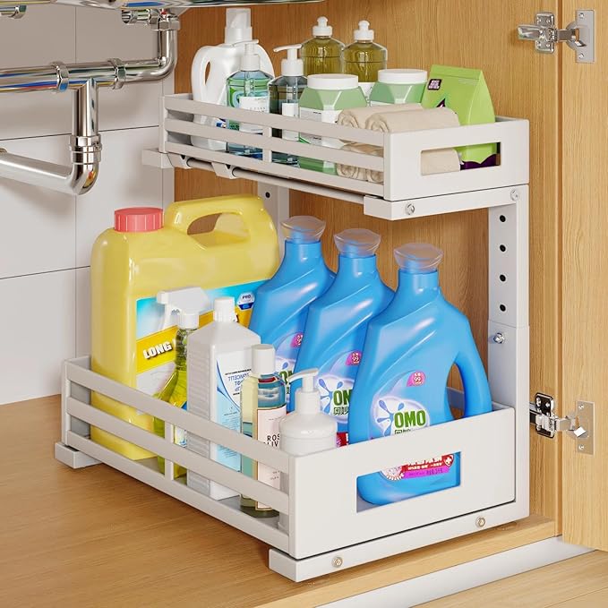 1-Pack Under Sink Organizers and Storage, 2-Tier L-Shape Pull Out Cabinet Organizer with Round Tube Slide Rails, Height Adjustable Slide Out Drawers for Kitchen & Bathroom, Multi-Purpose Storage Shelf - White