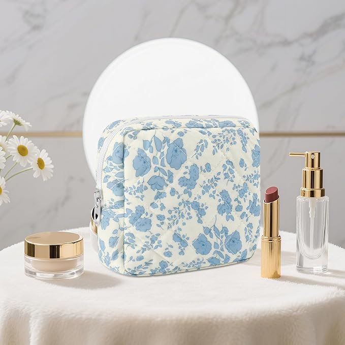 Small Quilted Cotton Makeup Bag for Purse Mini Cosmetic Period Bag for Women Cute Blue Flower Makeup Sanitary Pouch Portable Travel Toiletry Bags with Zipper Christmas Birthday Gifts
