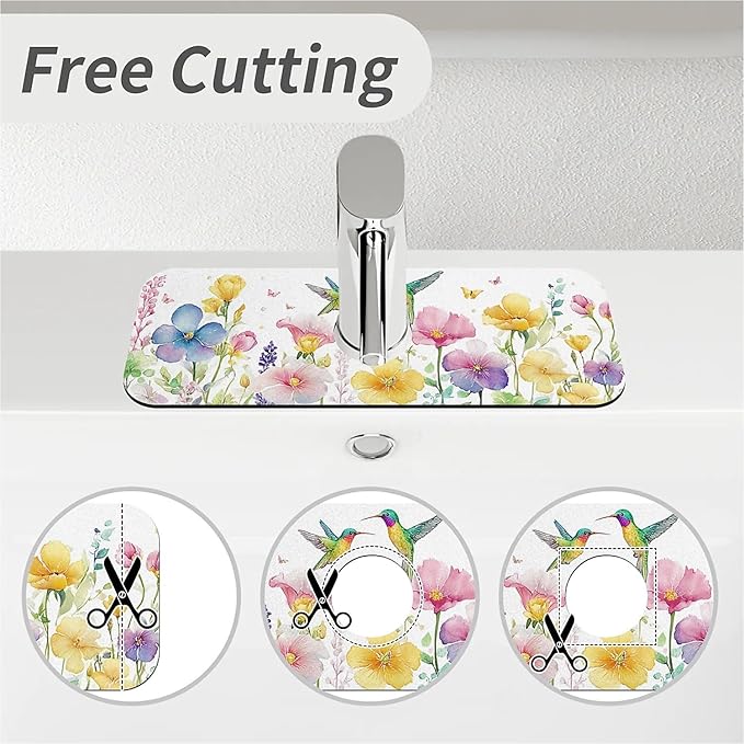 Kitchen Sink Splash Guard，Spring-flowers with hummingbirds Faucet Mat Sink Gadgets-Super Absorbent Fast Drying Mat Drip Catcher for Kitchen, Bathroom,Sink Mat, Dish Drying Mat, Bathroom(15" X 5.5" )
