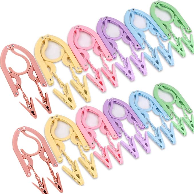 YOUOWO 12 Pcs Travel Hangers with 24 Pcs Clips,Portable Foldable Clothes Hangers for Scarves Suits Trousers Pants Shirts Socks Underwear