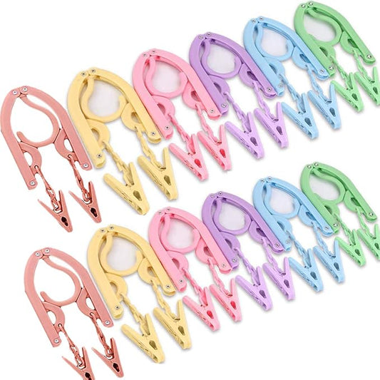 YOUOWO 12 Pcs Travel Hangers with 24 Pcs Clips,Portable Foldable Clothes Hangers for Scarves Suits Trousers Pants Shirts Socks Underwear