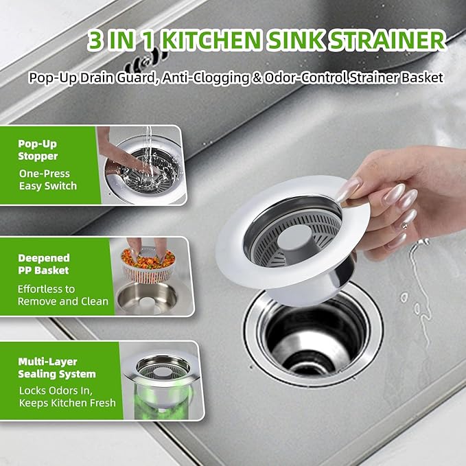 Sink Drain Strainer - Kitchen Sink Stopper, 3 in 1 Kitchen Sink Drain Strainer with Anti-Clogging Basket, Fit US Standard 3-1/2'' Sink Hole