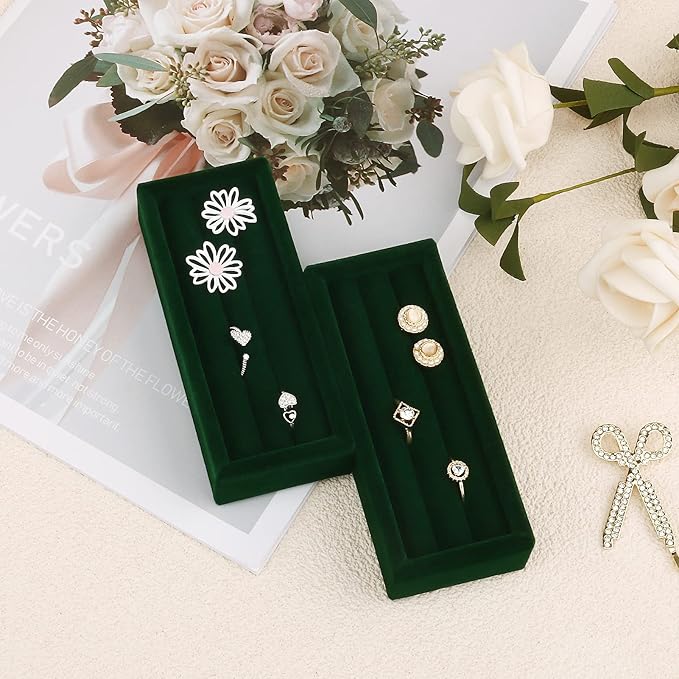 Small Jewelry Tray-Ring Organizer 2PCS Premium Velvet Rings Earrings Display Tray Storage Insert Holder for Jewelry Box, Drawer, Dresser (3 Slots, Green)
