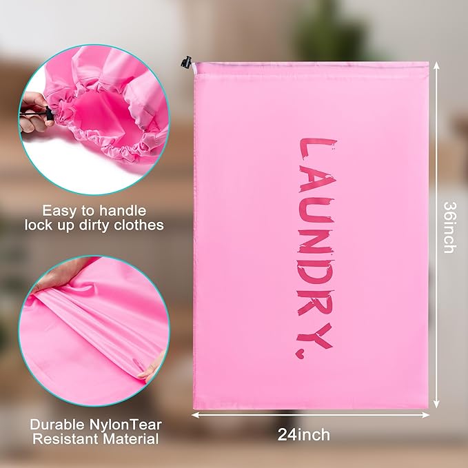 4 Pack XL Travel Laundry Bag, Machine Washable Dirty Clothes Organizer with Drawstring, Large Enough to Hold 4 Loads of Laundry, Easy Fit a Laundry Hamper or Basket Travel Essentials 24" x 36"