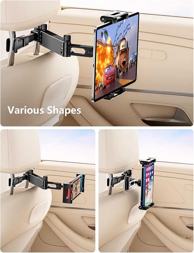 Tablet Holder for Car Headrest, ipad Car Holder Back Seat [3 in 1 Extension Arm], 360° Rotating Adjustable Road Trip Essentials for 4.7-11" iPad Pro, Air, Mini, Galaxy, Fire