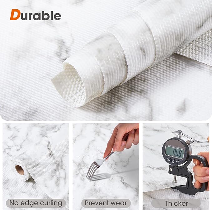 Drawer and Shelf Liner, Non-Slip Kitchen Cabinet Liners Non-Adhesive Thick Strong Grip Waterproof Washable Mats Protect Dresser Shelves Cupboard Bathroom Cabinets, White Marble, 24 in X 10 FT