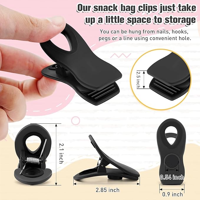 FINDMAG 24 Pack Chip Clips for Food Storage, Magnetic Plastic Bag Clips with Strong Magnet for Fridge, Edge Clamp, Snack Bags, Chips, and Kitchen Use (Black)