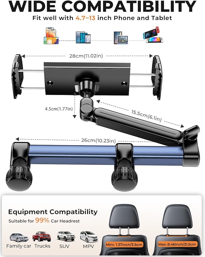 Headrest Tablet Holder for Car Accessories : [18.11-inch Long Arm] 3-in-1 Backseat Tablet Holder for Kids Road Trip Compatible with iPad Switch Smartphones & Tablets or Other 4.7-13" Devices