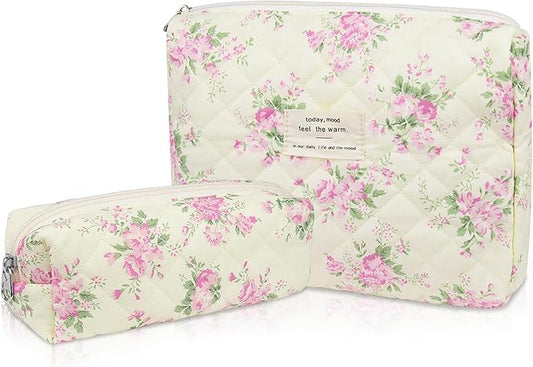 2PC Makeup Bag Set, Cute Cosmetic Bag for Women Girls, Floral Coquette Aesthetic Toiletry Bag, Travel Make Up Organizer Bag (Pink Flower)