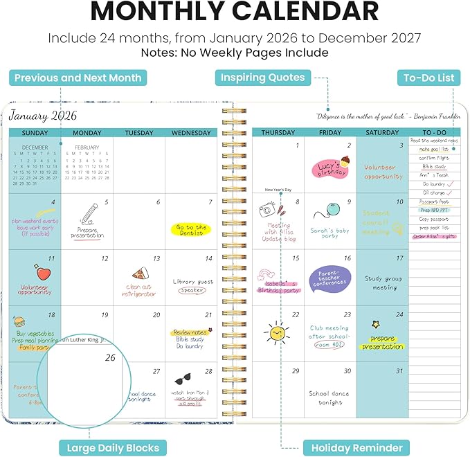 Monthly Planner 2026-2027, Aesthetic 2 Year Months Planner Calendar, 24-Months from January 2026 - December 2027, 26-27 Monthly Calendar Planner, Perfect for School Office Home, 7" x 10" - Blue Elegance