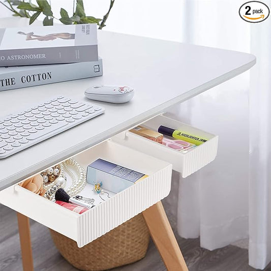 YOOUSOO 2 Pack Under Desk Drawer Storage, Under Desk Organizer, Hidden Self-Adhesive Desks Drawers Slide-out, Stick on Desks Drawer White, Under Mount Drawers for Office/Classroom/Home