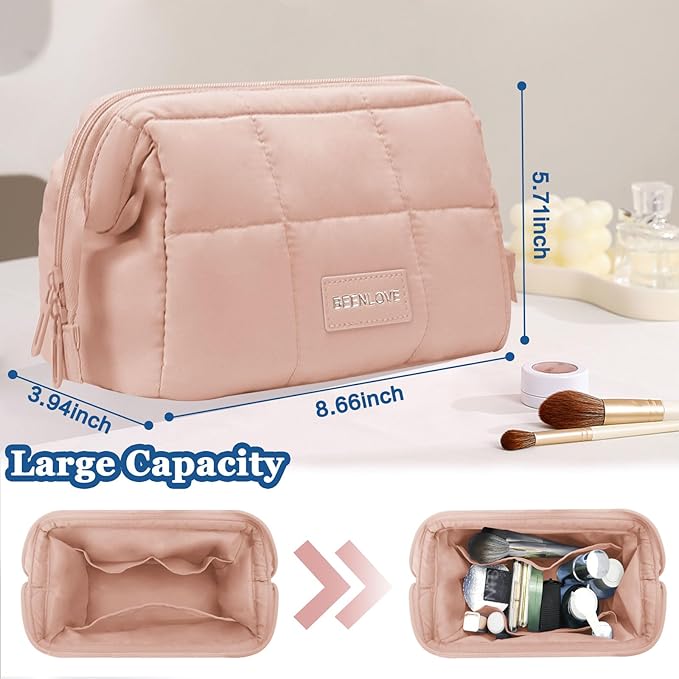 Makeup Bag Travel Toiletry Bag - Puffy Padded Make Up Bag, Waterproof Cosmetic Bag with Multiple Compartments, Wide-open Makeup Pouch for Cosmetics, Toiletries, and Travel Essentials, Pink