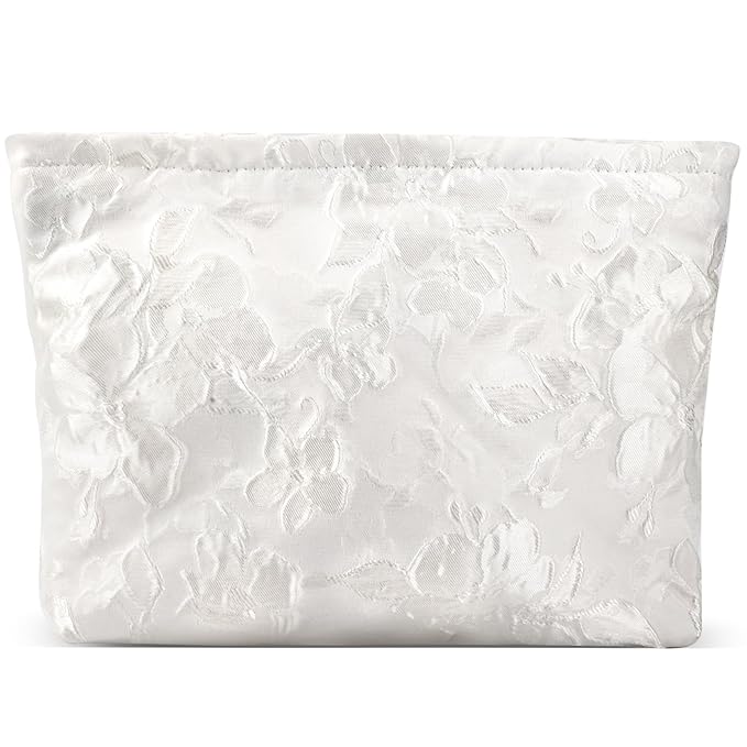 ZLFSRQ Flower Makeup Bag for Women Girls Teens Travel Cute Floral Cosmetic Bags Large Zipper Cosmetic Pouch for Purse Portable Toiletry Bag Aesthetic Embossed White Makeup Brushes Storage Organizer