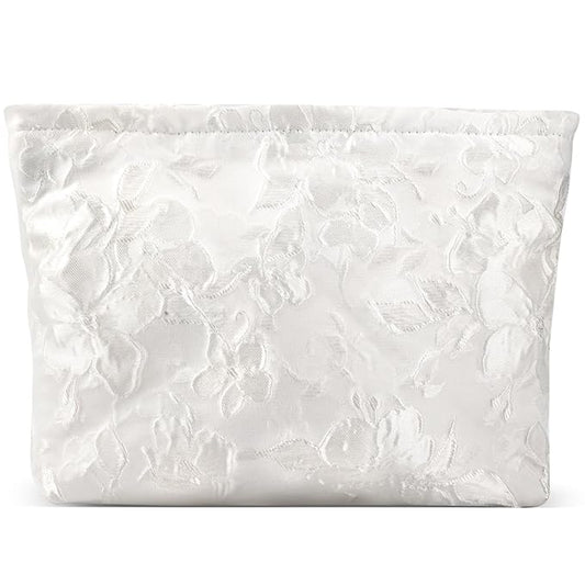 ZLFSRQ Flower Makeup Bag for Women Girls Teens Travel Cute Floral Cosmetic Bags Large Zipper Cosmetic Pouch for Purse Portable Toiletry Bag Aesthetic Embossed White Makeup Brushes Storage Organizer