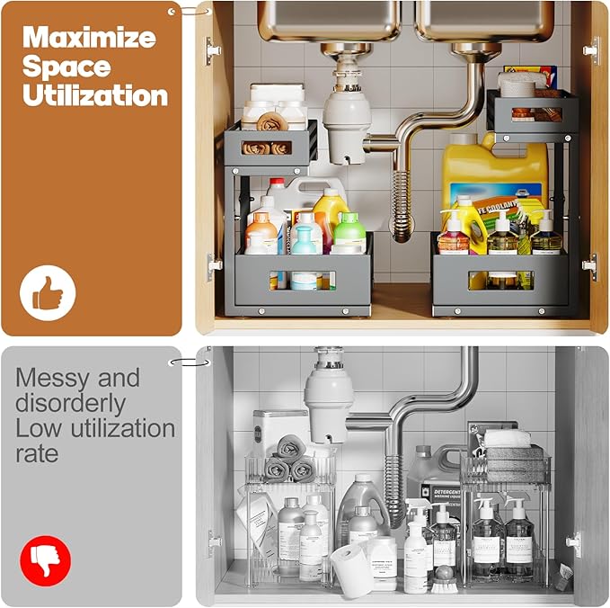 1-Pack Under Sink Organizers and Storage, 2-Tier L-Shape Pull Out Cabinet Organizer with Round Tube Slide Rails, Height Adjustable Slide Out Drawers for Kitchen & Bathroom, Multi-Purpose Storage Shelf - Gray