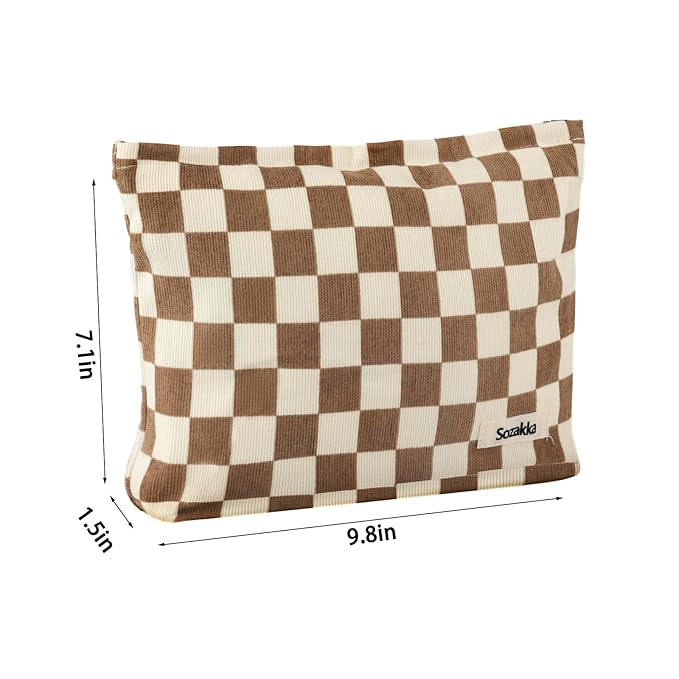 ZLFSRQ Checkered Makeup Bag for Women Large Capacity Brown Travel Cosmetic Bag Set Makeup Pouch for Purse Zipper Toiletry Organizer Cute Y2K Aesthetic Trendy Adults Zipper Skincare Storage Organizer